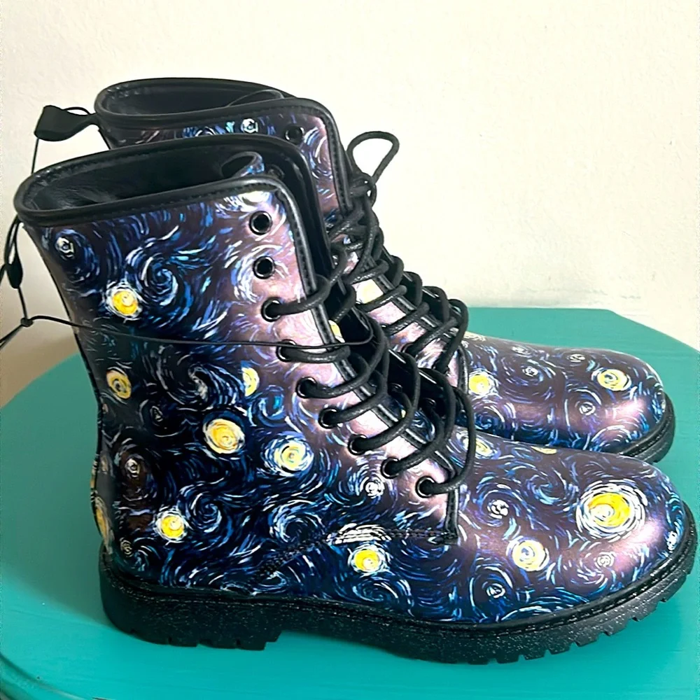 New Starry Night Inspired Print Lace-Up Vegan Leather Combat Boots